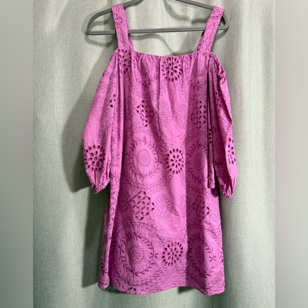 Trina Turk Pink Eyelet Off-Shoulder Sleeved Cotton Dress M NWT Party Wedding - Picture 6 of 9